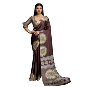 Generic Women's Satin Crepe Printed Saree With Unstitched Blouse 5.5Mtr (Brown)