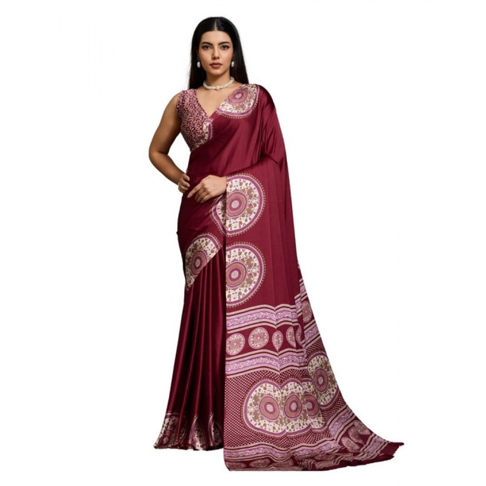 Generic Women’s Satin Crepe Printed Saree With Unstitched Blouse 5.5Mtr (Maroon)