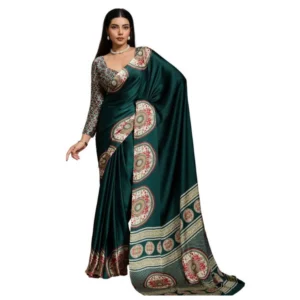 Generic Women's Satin Crepe Printed Saree With Unstitched Blouse 5.5Mtr (Green)