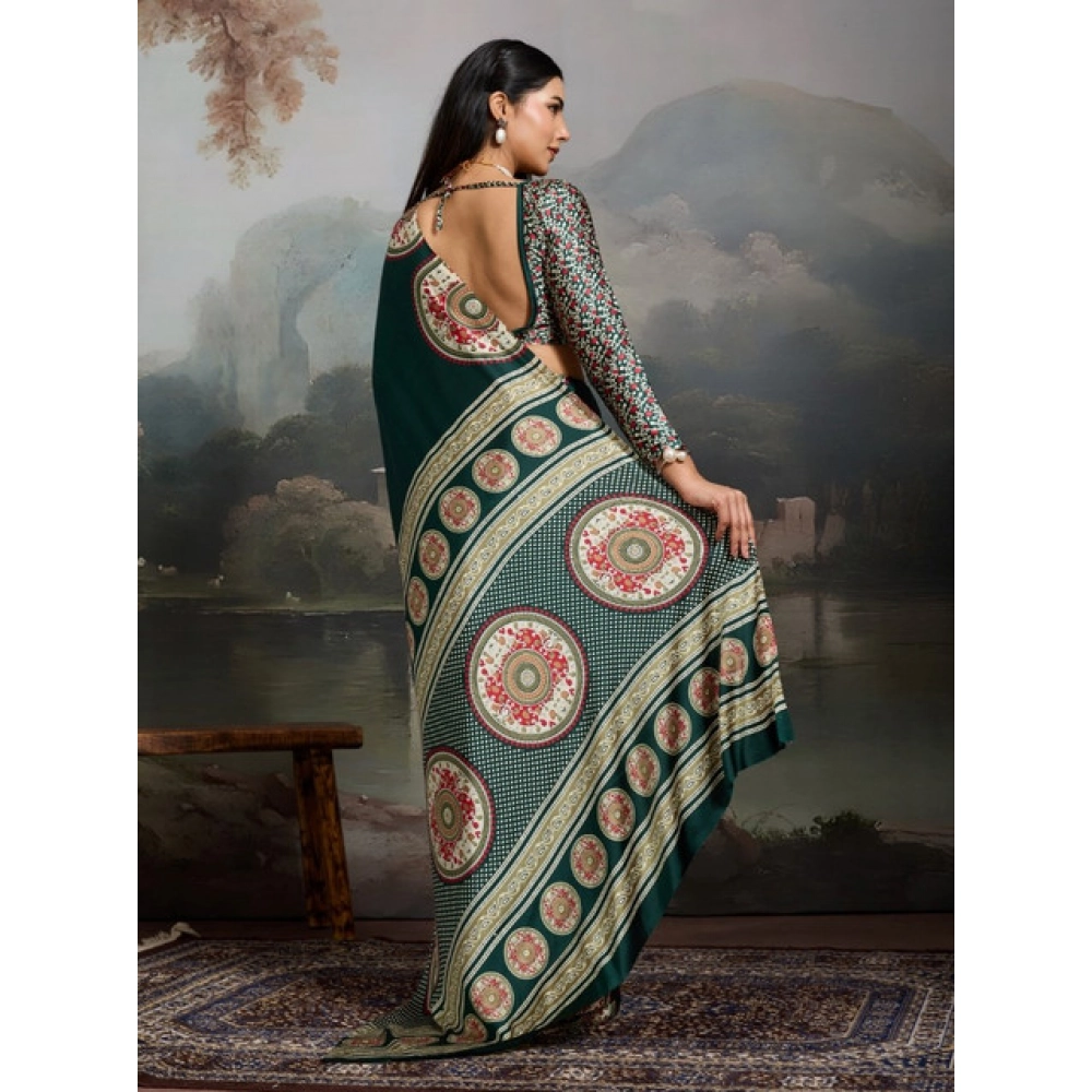 Generic Women's Satin Crepe Printed Saree With Unstitched Blouse 5.5Mtr (Green) - Image 4