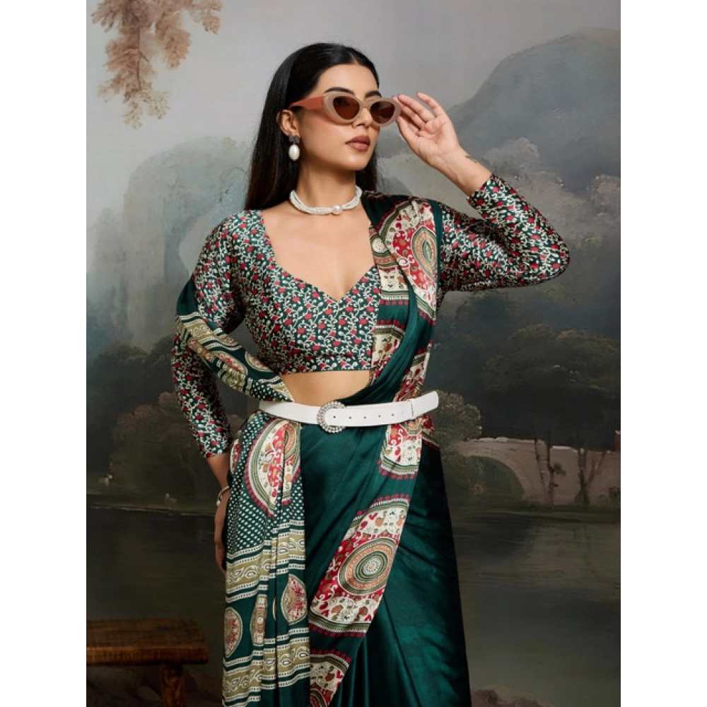 Generic Women's Satin Crepe Printed Saree With Unstitched Blouse 5.5Mtr (Green) - Image 3