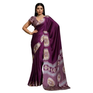 Generic Women's Satin Crepe Printed Saree With Unstitched Blouse 5.5Mtr (Purple)
