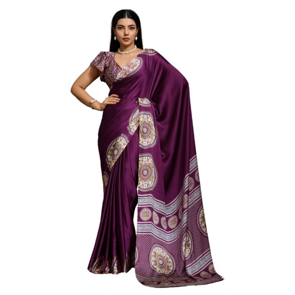 Generic Women's Satin Crepe Printed Saree With Unstitched Blouse 5.5Mtr (Purple)