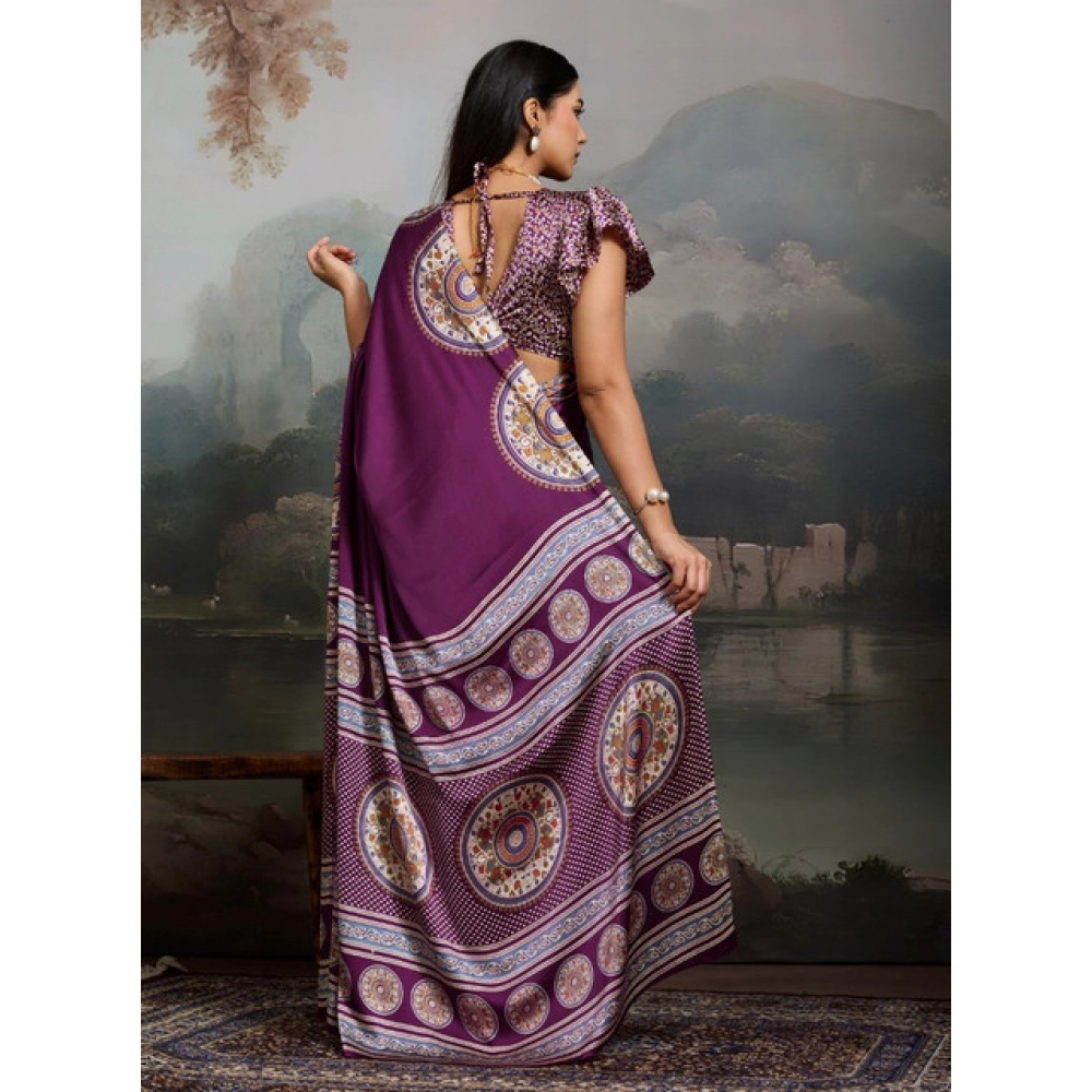Generic Women's Satin Crepe Printed Saree With Unstitched Blouse 5.5Mtr (Purple) - Image 4