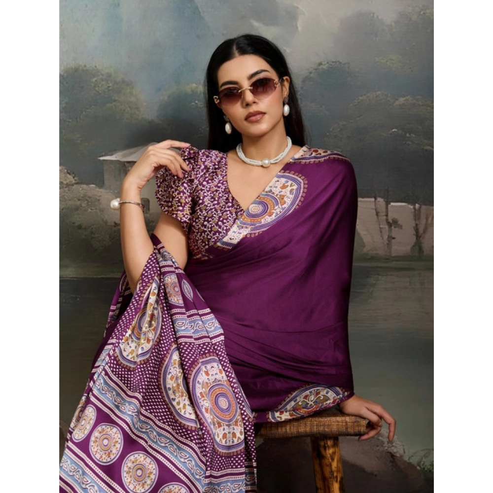 Generic Women's Satin Crepe Printed Saree With Unstitched Blouse 5.5Mtr (Purple) - Image 3