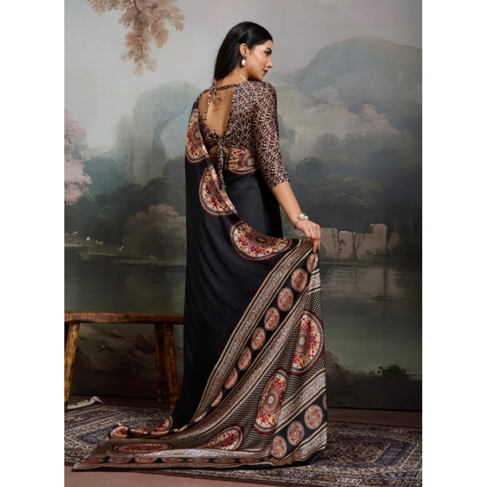 Generic Women's Satin Crepe Printed Saree With Unstitched Blouse 5.5Mtr (Black) - Image 4