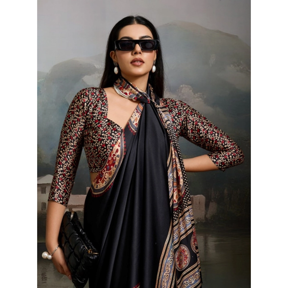 Generic Women's Satin Crepe Printed Saree With Unstitched Blouse 5.5Mtr (Black) - Image 3