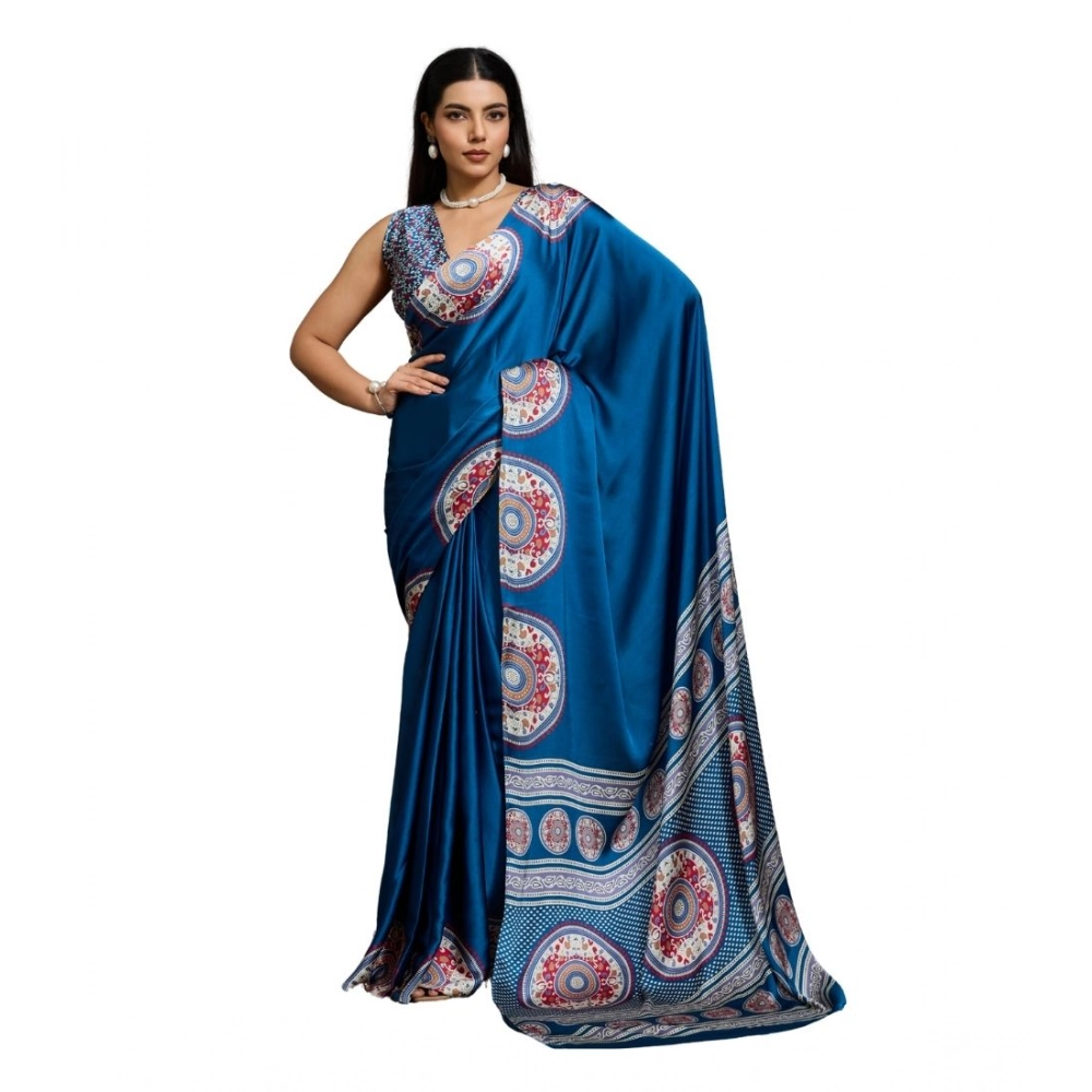 Generic Women’s Satin Crepe Printed Saree With Unstitched Blouse 5.5Mtr (Blue)