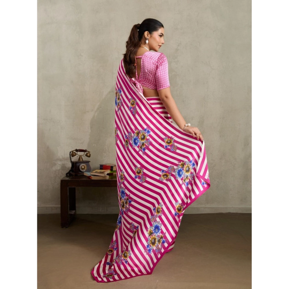Generic Women's Satin Crepe Printed Saree With Unstitched Blouse 5.5Mtr (Pink) - Image 4