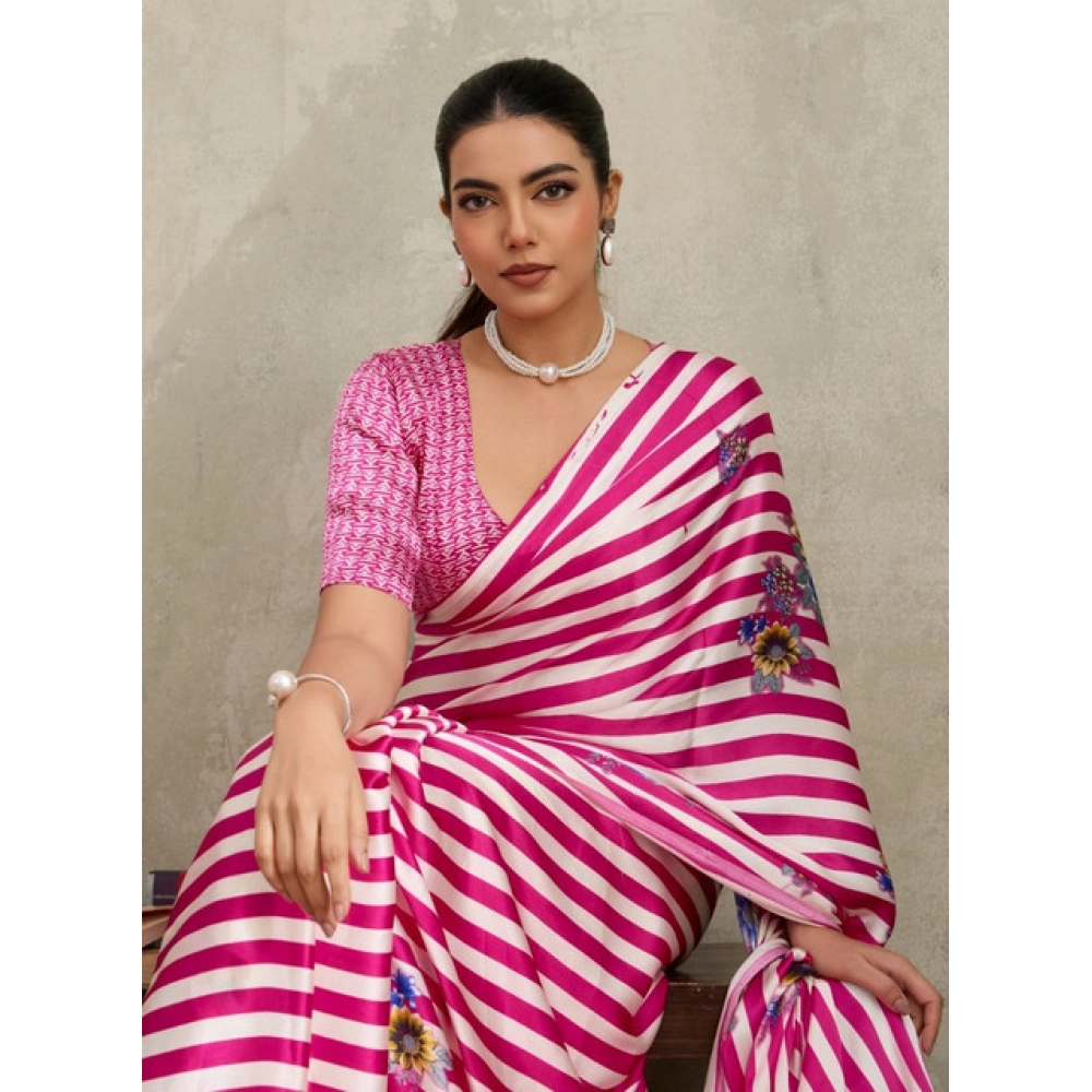 Generic Women's Satin Crepe Printed Saree With Unstitched Blouse 5.5Mtr (Pink) - Image 3