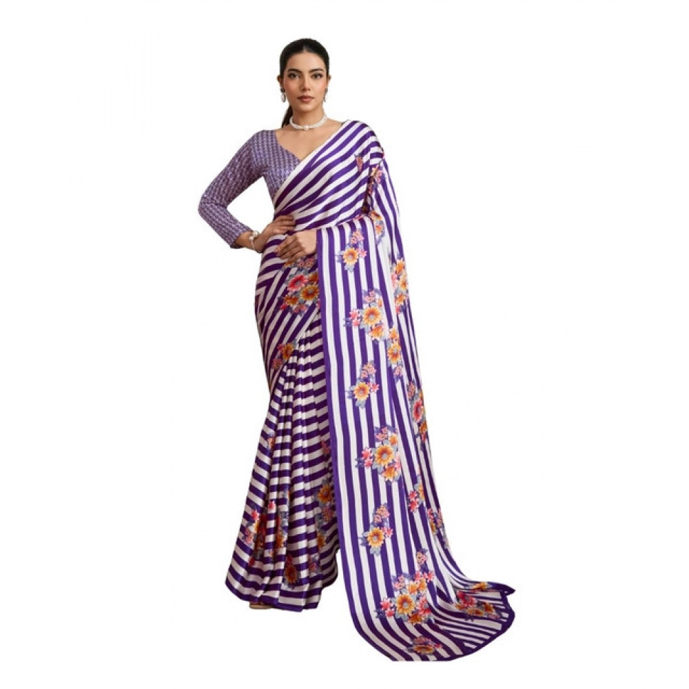 Generic Women's Satin Crepe Printed Saree With Unstitched Blouse 5.5Mtr (Purple)