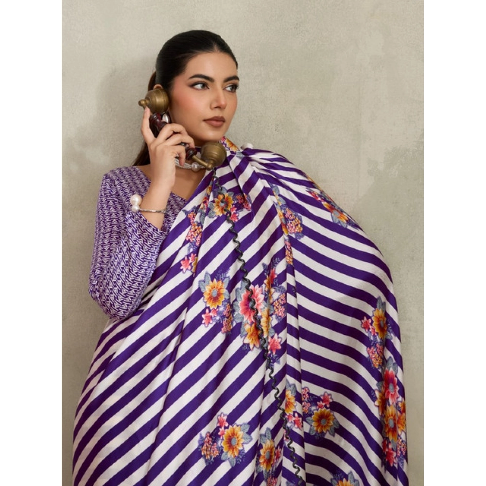 Generic Women's Satin Crepe Printed Saree With Unstitched Blouse 5.5Mtr (Purple) - Image 3