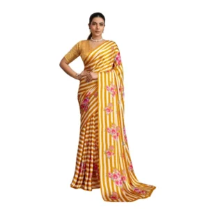 Generic Women's Satin Crepe Printed Saree With Unstitched Blouse 5.5Mtr (Mustard)
