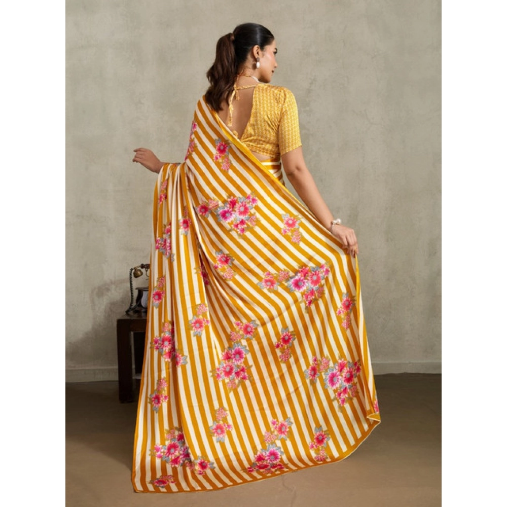 Generic Women's Satin Crepe Printed Saree With Unstitched Blouse 5.5Mtr (Mustard) - Image 4