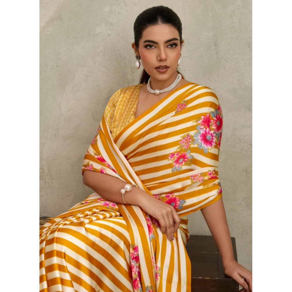 Generic Women's Satin Crepe Printed Saree With Unstitched Blouse 5.5Mtr (Mustard) - Image 3