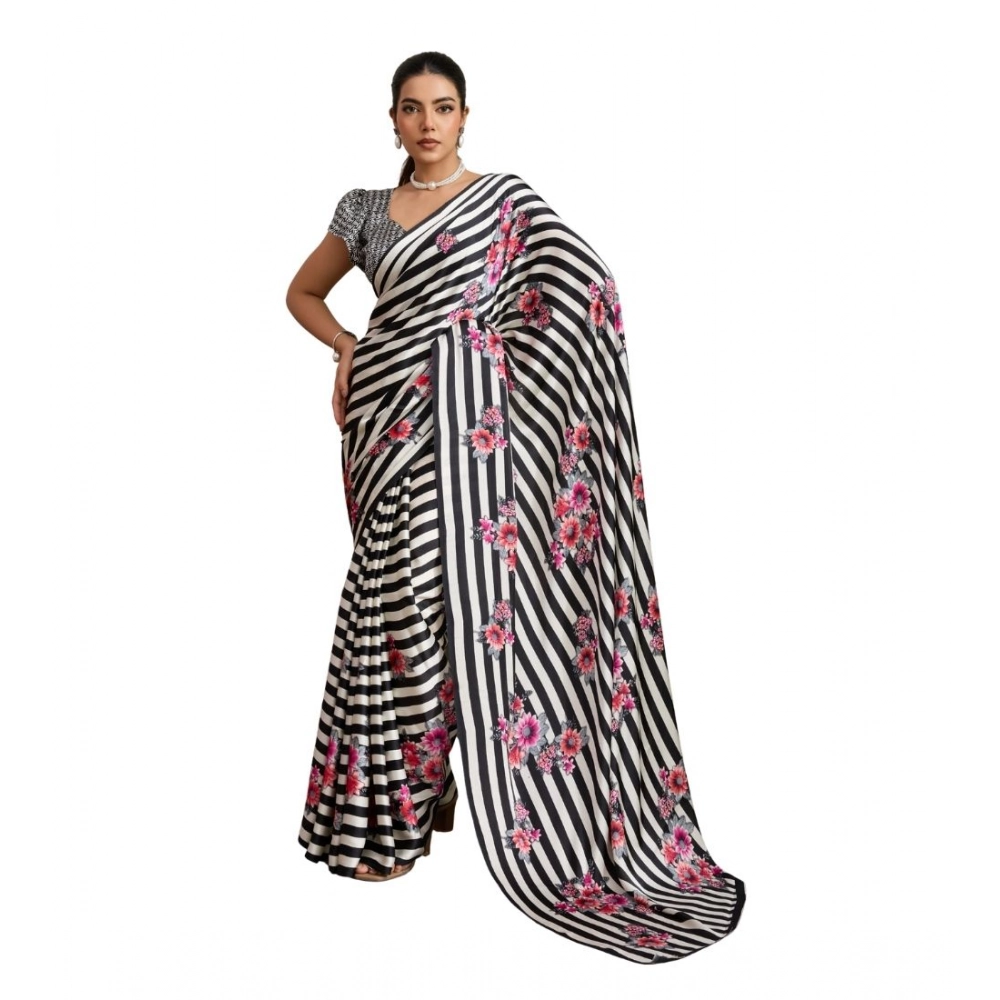 Generic Women's Satin Crepe Printed Saree With Unstitched Blouse 5.5Mtr (Black)