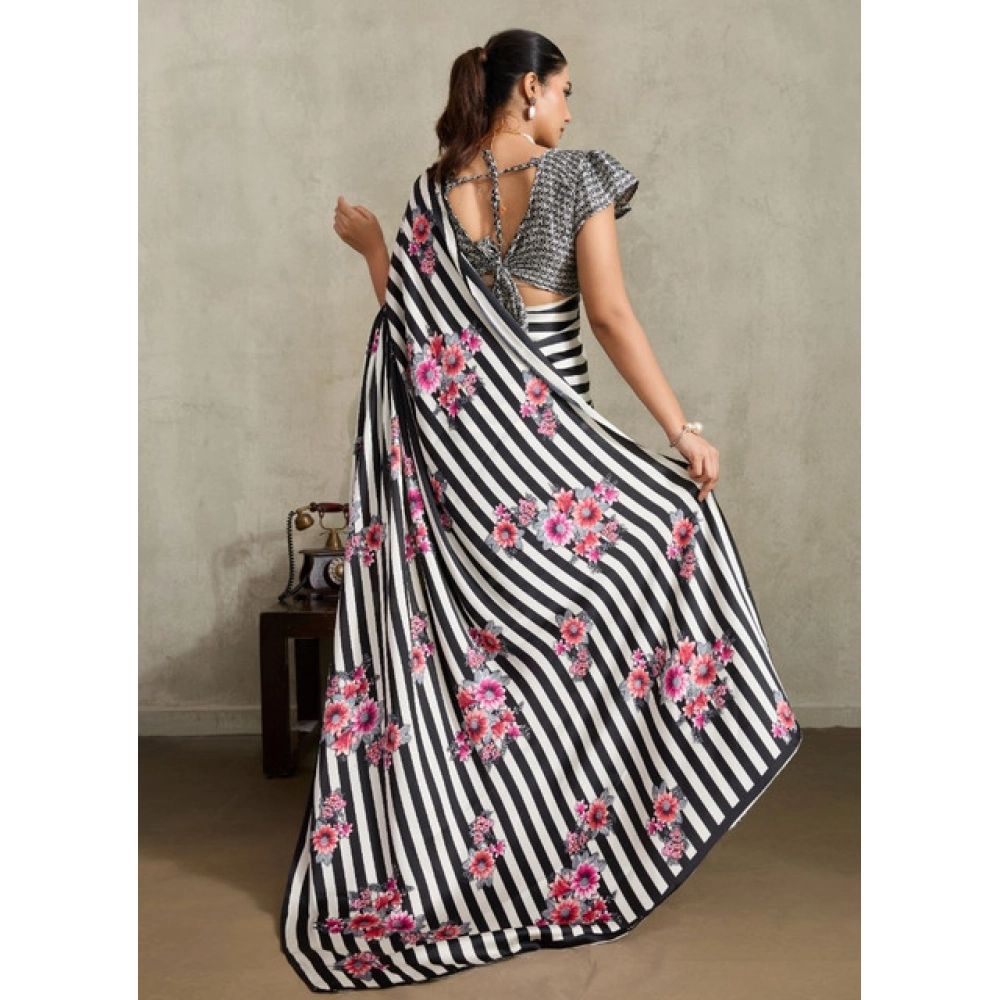 Generic Women's Satin Crepe Printed Saree With Unstitched Blouse 5.5Mtr (Black) - Image 4