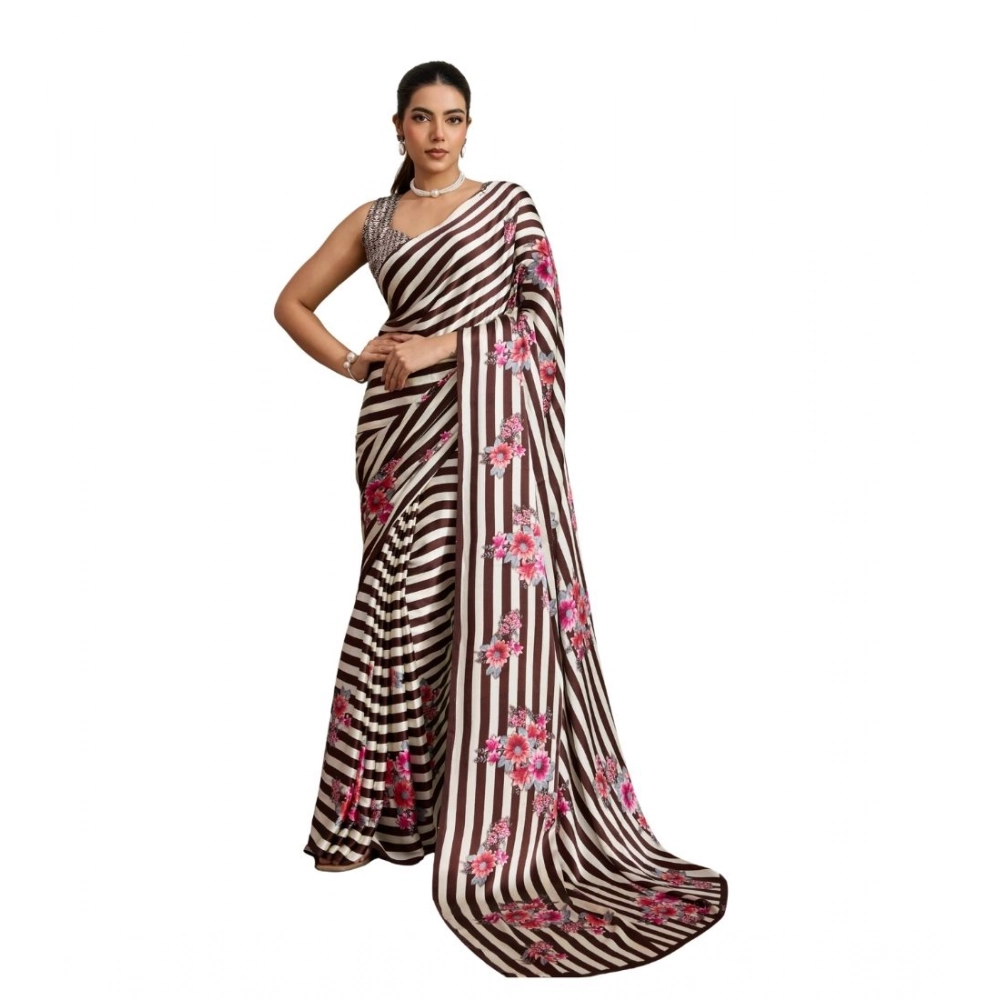 Generic Women's Satin Crepe Printed Saree With Unstitched Blouse 5.5Mtr (Brown)