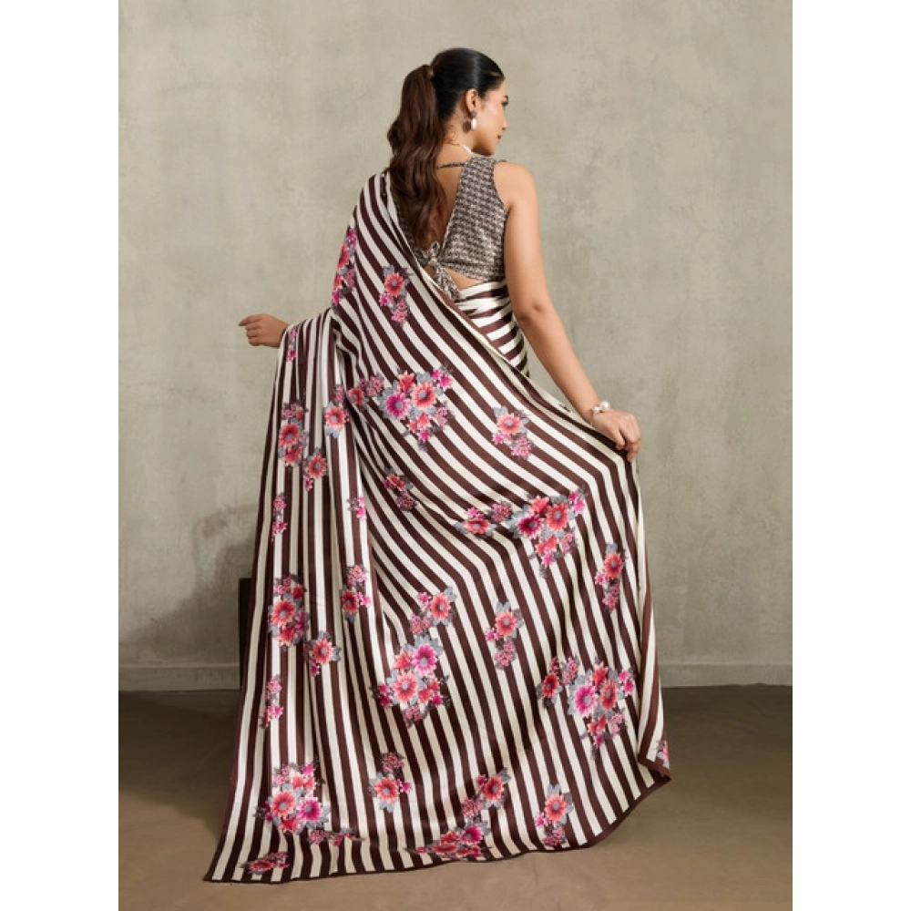 Generic Women's Satin Crepe Printed Saree With Unstitched Blouse 5.5Mtr (Brown) - Image 4