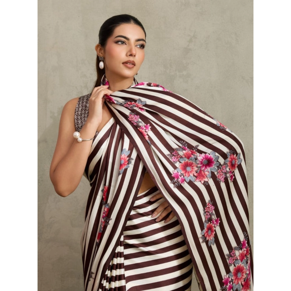 Generic Women's Satin Crepe Printed Saree With Unstitched Blouse 5.5Mtr (Brown) - Image 3