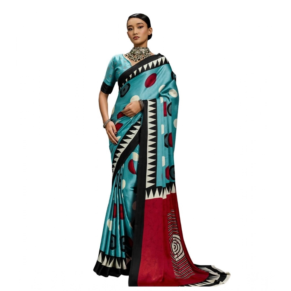 Generic Women’s Satin Crepe Printed Saree With Unstitched Blouse 5.5Mtr (Sky Blue)