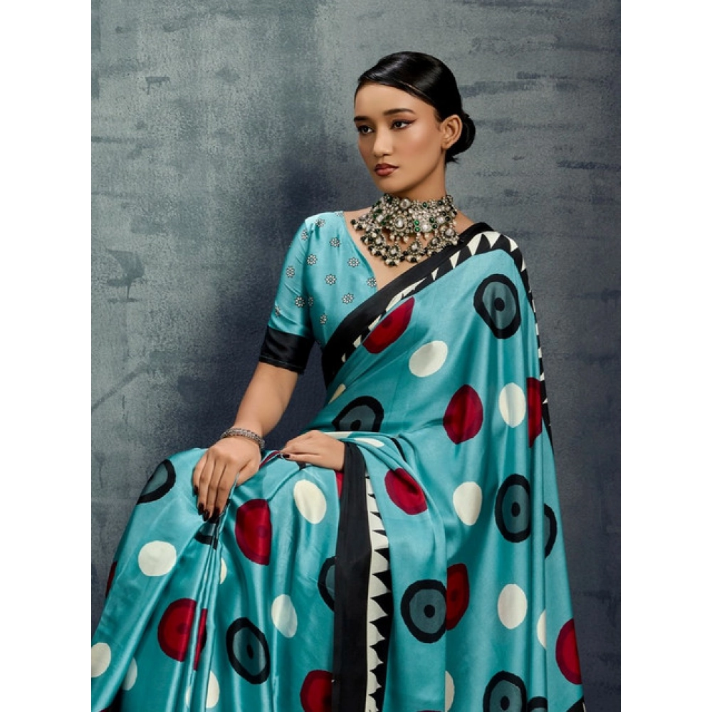 Generic Women's Satin Crepe Printed Saree With Unstitched Blouse 5.5Mtr (Sky Blue) - Image 3