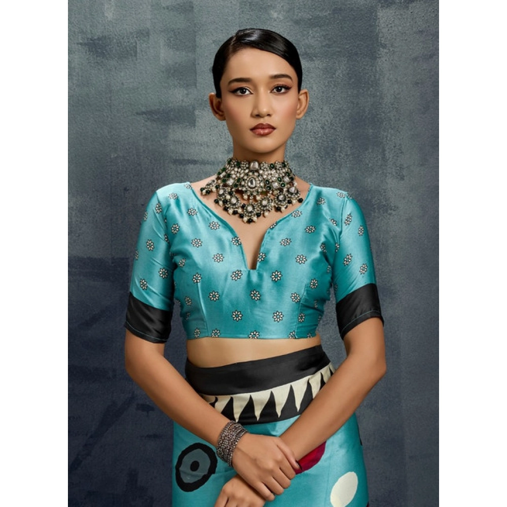 Generic Women's Satin Crepe Printed Saree With Unstitched Blouse 5.5Mtr (Sky Blue) - Image 4