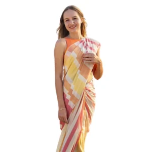 Generic Women's Linen Printed Saree With Unstitched Blouse 5.5Mtr (Yellow)