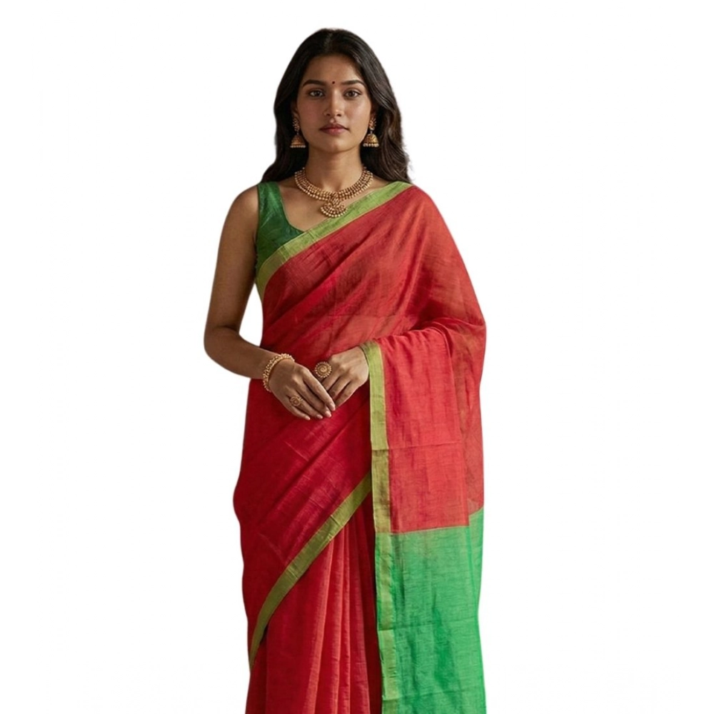 Generic Women’s Cotton Printed Saree With Unstitched Blouse 5.5Mtr (Red)