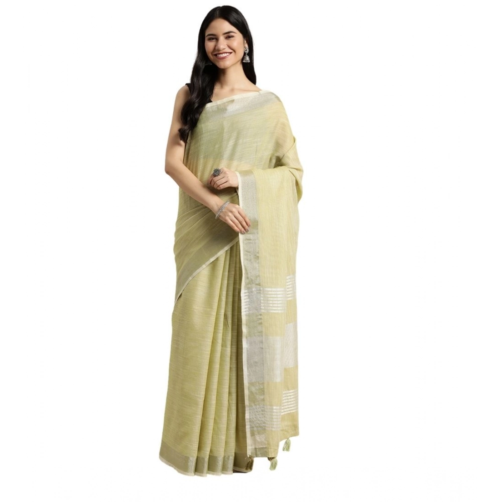 Generic Women’s Linen Cotton Printed Saree With Unstitched Blouse 5.5Mtr (Olive Green)