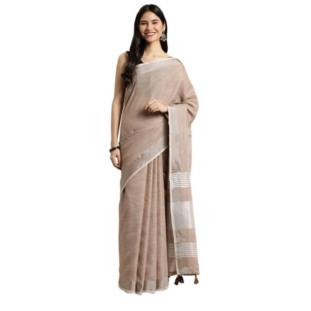 Generic Women’s Linen Cotton Printed Saree With Unstitched Blouse 5.5Mtr (Beige)