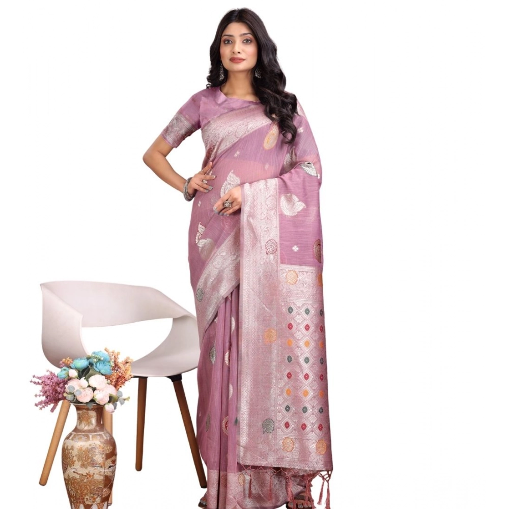 Generic Women’s Linen Cotton Printed Saree With Unstitched Blouse 5.5Mtr (Purple)