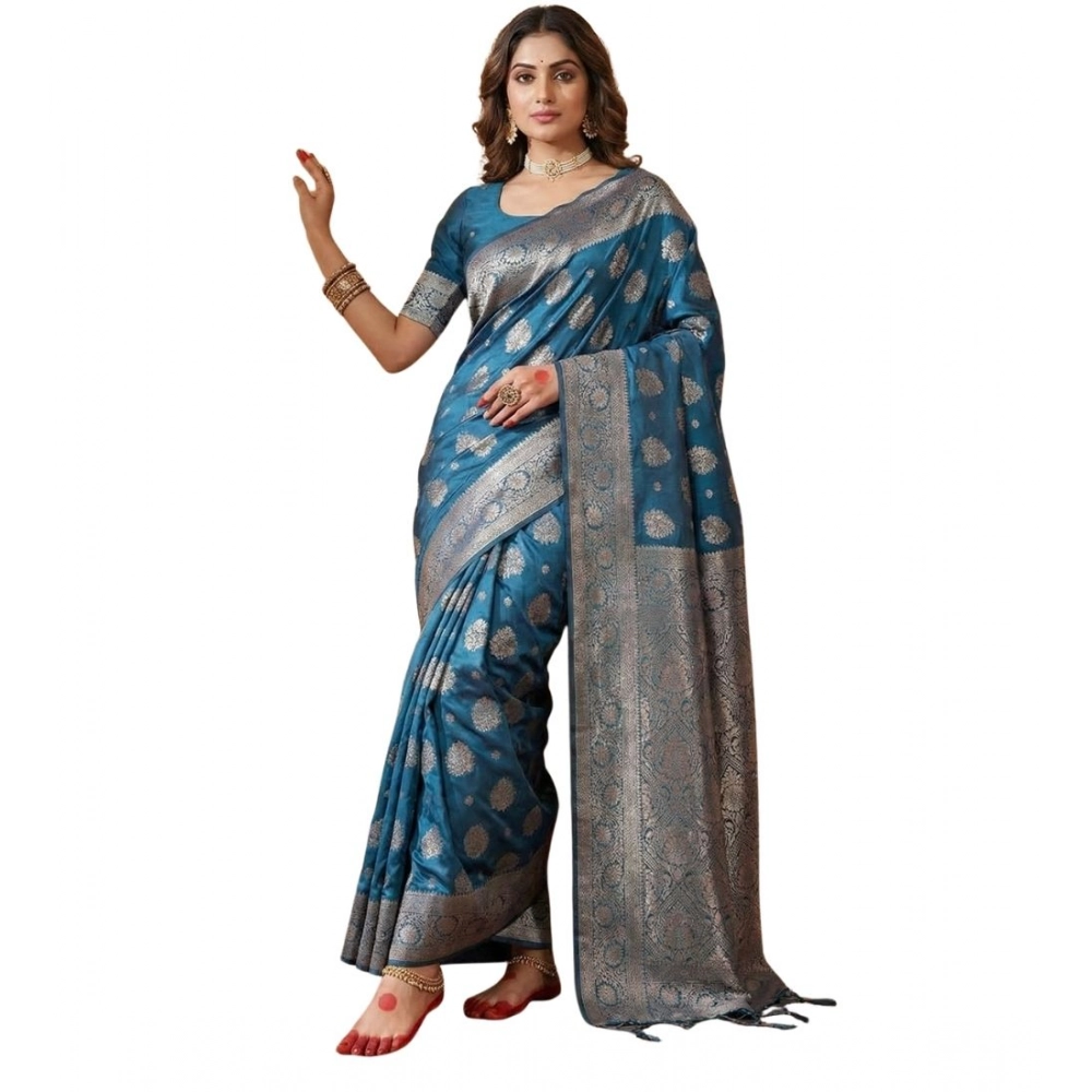 Generic Women’s Silk Blend Printed Saree With Unstitched Blouse 5.5Mtr (Teal Blue)