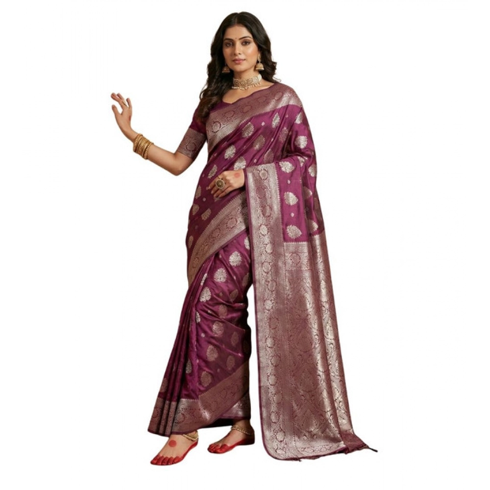 Generic Women’s Silk Blend Printed Saree With Unstitched Blouse 5.5Mtr (Purple)