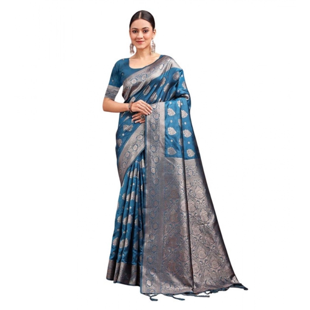 Generic Women’s Banarasi Silk Printed Saree With Unstitched Blouse 5.5Mtr (Teal Blue)