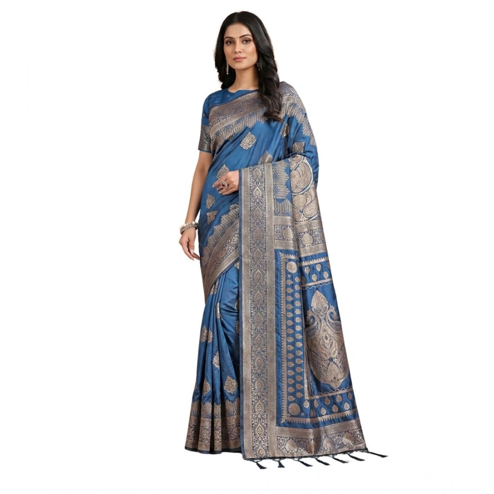 Generic Women’s Silk Blend Printed Saree With Unstitched Blouse 5.5Mtr (Sky Blue)