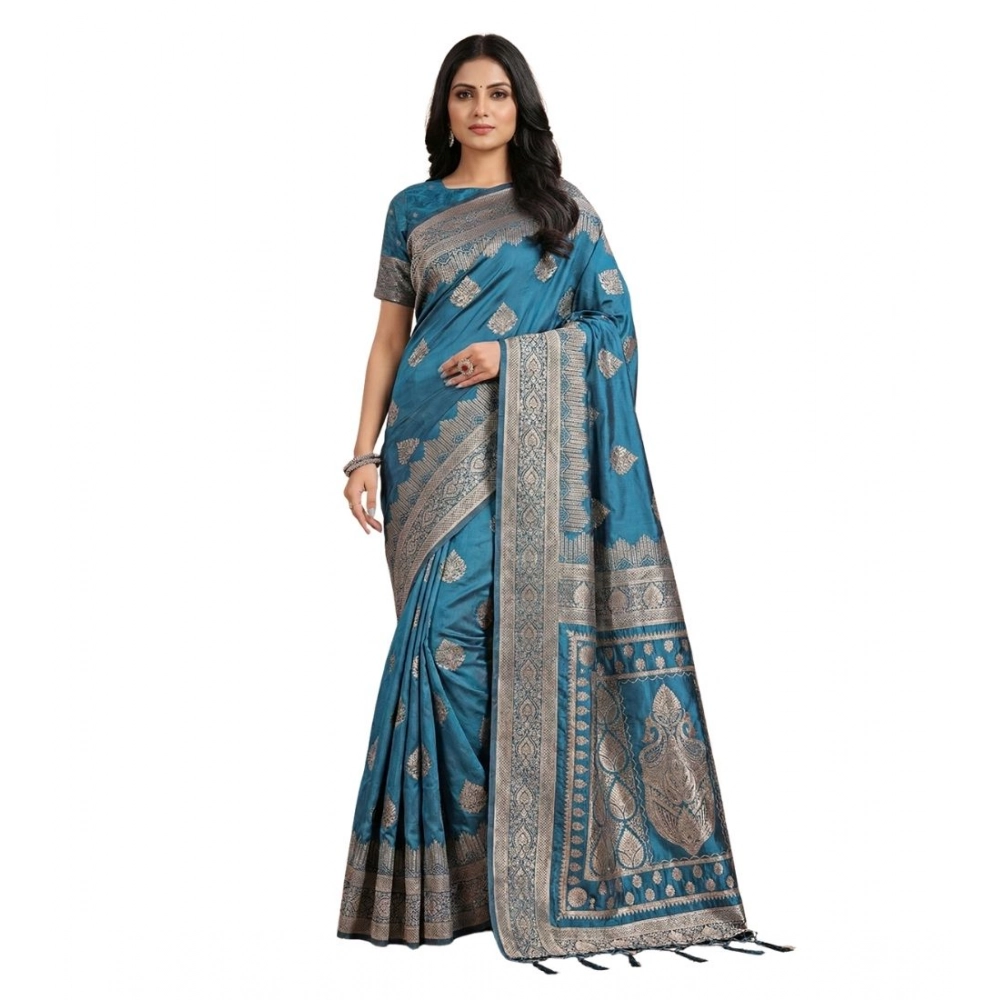 Generic Women’s Silk Blend Printed Saree With Unstitched Blouse 5.5Mtr (Teal)