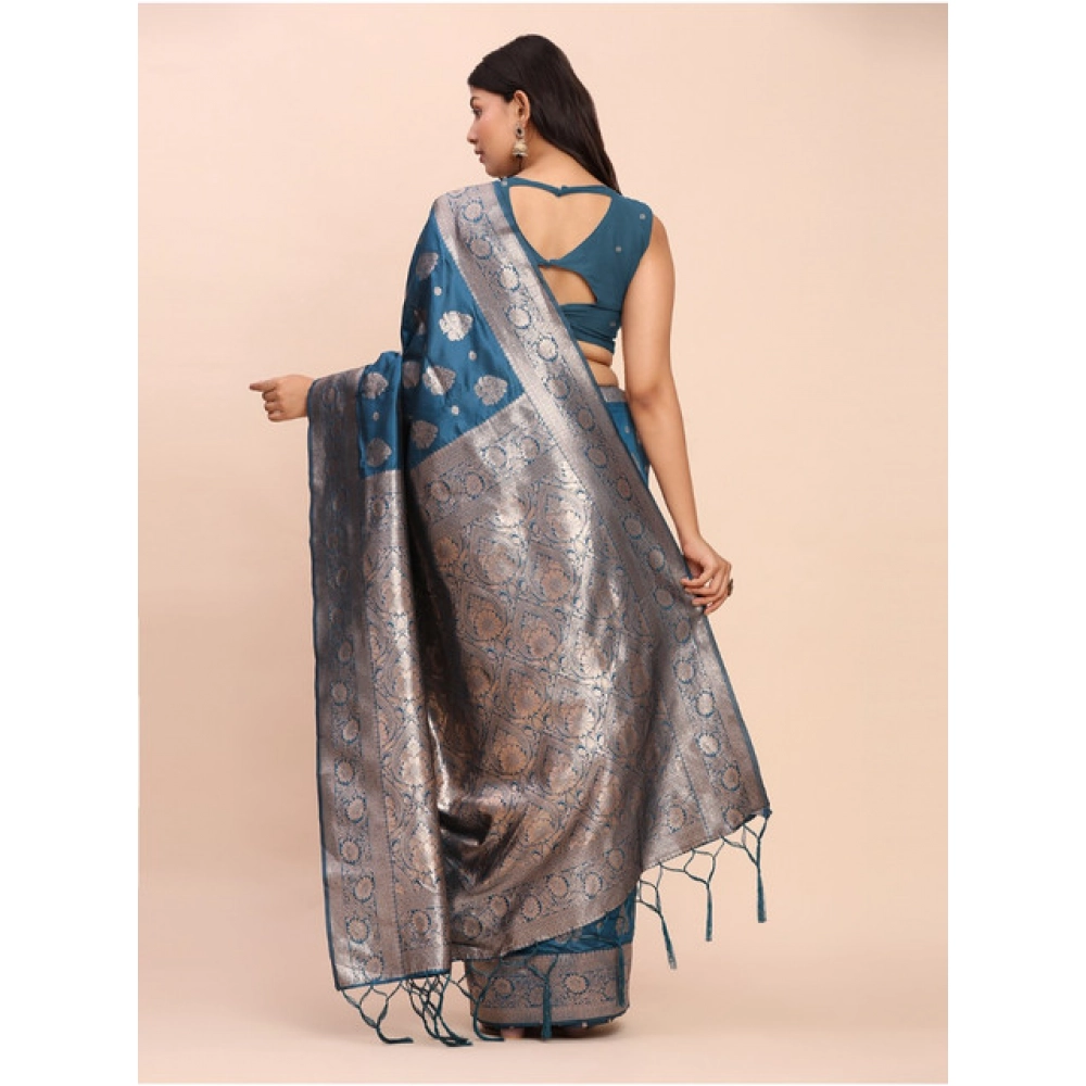 Generic Women's Banarasi Silk Printed Saree With Unstitched Blouse 5.5Mtr (Teal Blue) - Image 4