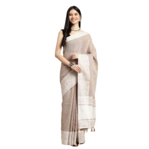 Generic Women's Linen Printed Saree With Unstitched Blouse 5.5Mtr (Beige)