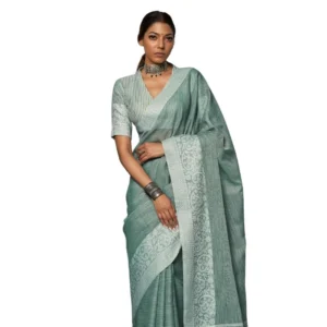 Generic Women's Linen Printed Saree With Unstitched Blouse 5.5Mtr (Sea Green)