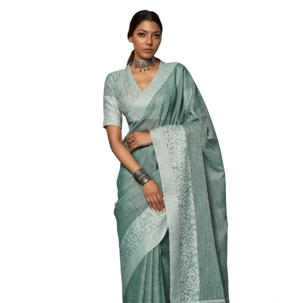 Generic Women’s Linen Printed Saree With Unstitched Blouse 5.5Mtr (Sea Green)