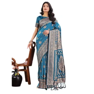 Generic Women's Silk Printed Saree With Unstitched Blouse 5.5Mtr (Teal)