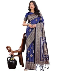 Generic Women's Silk Printed Saree With Unstitched Blouse 5.5Mtr (Navy Blue)