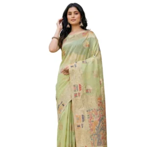 Generic Women's Linen Cotton Printed Saree With Unstitched Blouse 5.5Mtr (Light Green)