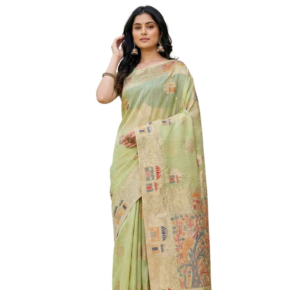 Generic Women’s Linen Cotton Printed Saree With Unstitched Blouse 5.5Mtr (Light Green)