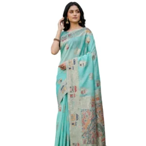Generic Women's Linen Cotton Printed Saree With Unstitched Blouse 5.5Mtr (Sky Blue)
