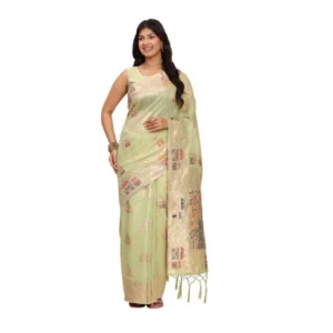 Generic Women's Linen Cotton Printed Saree With Unstitched Blouse 5.5Mtr (Light Green)