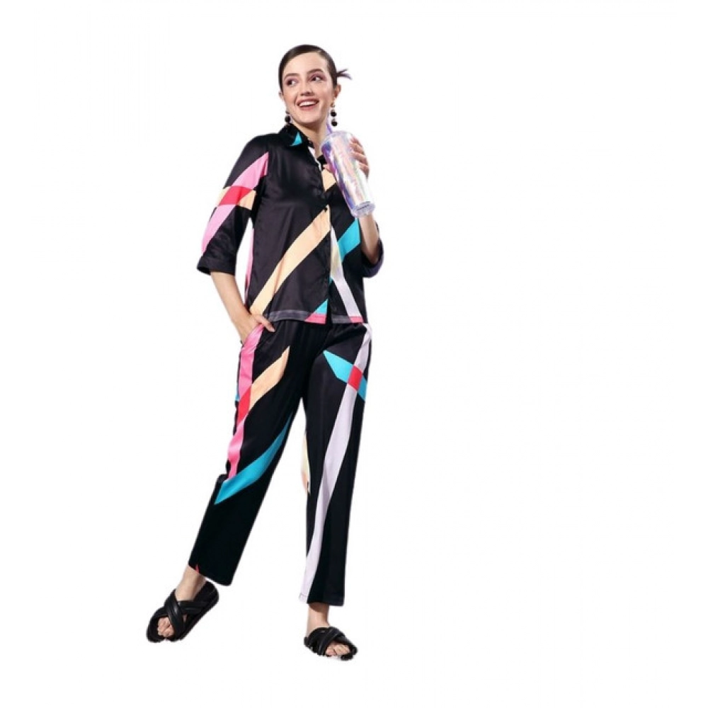 Generic Women’s Satin Colour Block Long Sleeves Co-Ord Set (Multicolor)