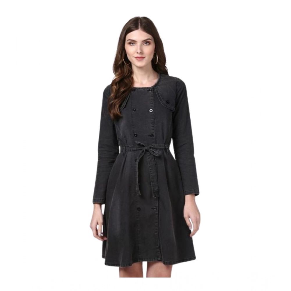 Generic Women’s Denim Washed Long Sleeves Dress (Black)