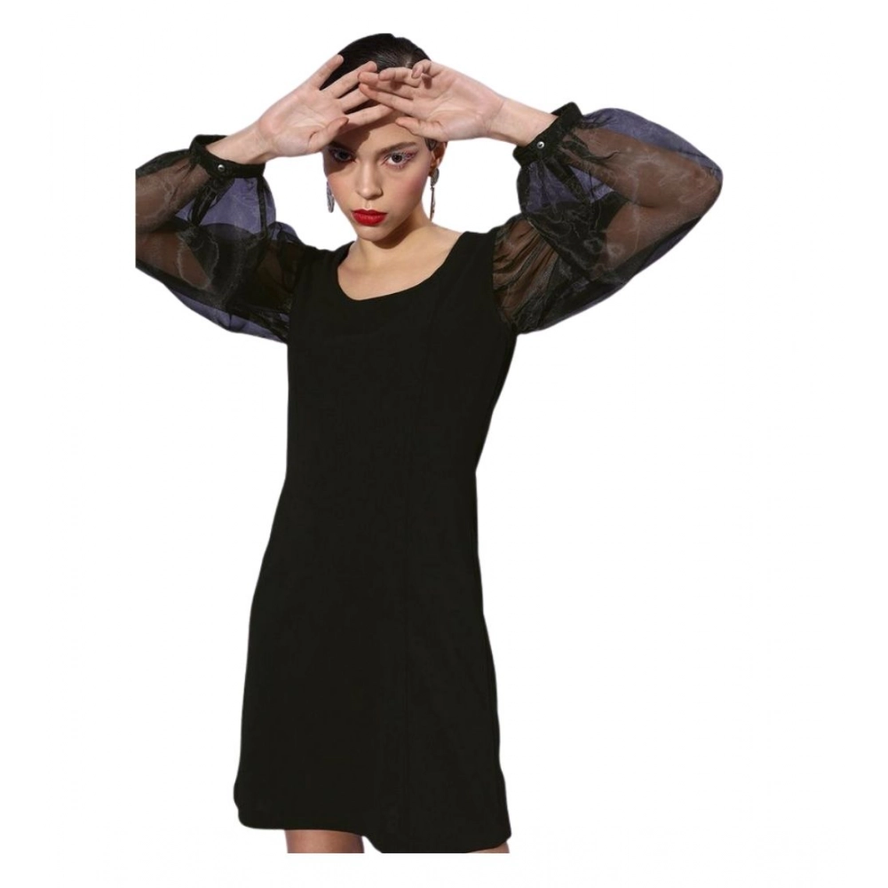 Generic Women’s Organza And Polyester Lycra Solid Long Sleeves Dress (Black)